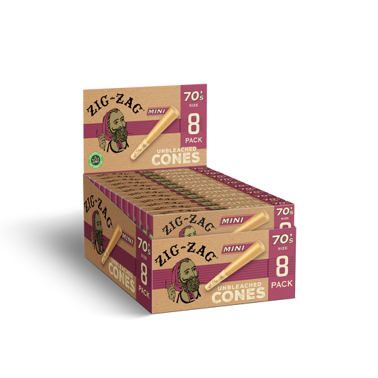 Zig Zag Mini Unbleached Cones 70mm - 8 Cones Per Pack - 18 Packs Per Display