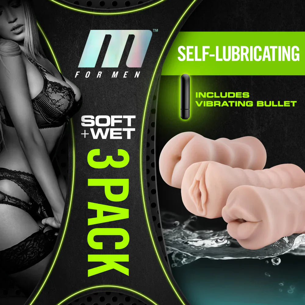 M For Men By Blush® | 3-Pack Self-Lubricating Vanilla Vibrating Masturbator / Stroker